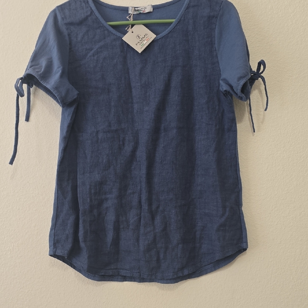 Femme Fatale Linen Blue Short Sleeve‎ Top with Tie Details